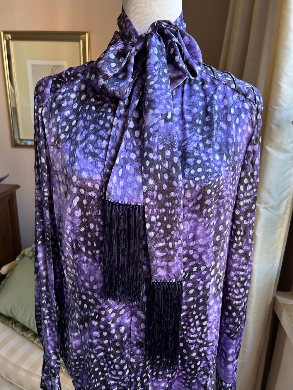 Carlisle Stretch Silk Charmeuse Abstract  Animal Print Blouse w/ detached scarf